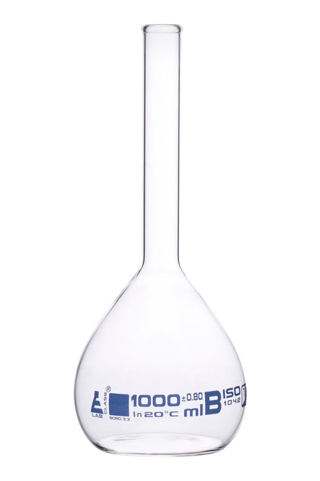 Volumetric Flask, 1000ml - Class B - Borosilicate Glass - Blue Graduation, Tolerance ±0.800 - No Stopper, Beaded Rim - Eisco Labs