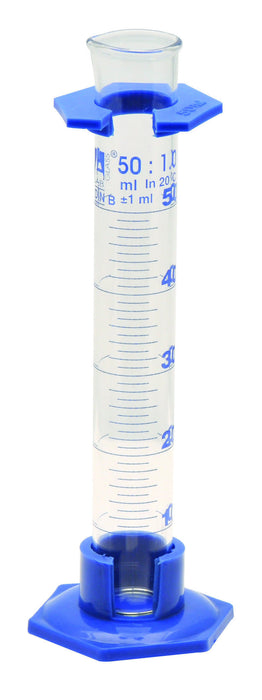 Graduated Cylinder, 5mL - Class B - Detachable, Plastic Hexagonal Base & Protective Collar - Blue Graduations - Borosilicate Glass
