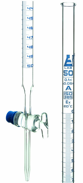 Class A 50mL Borosilicate Burette - 0.1mL Graduations - 0.05mL Tolerance - Glass Key (Smooth) Stopcock - 30.5" Tall