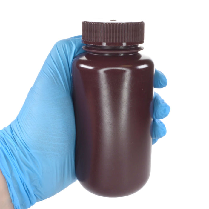 Eisco - Bulk Pack of 250, 250mL Wide Mouth Amber HDPE Reagent Bottles with Polypropylene Caps, Non-Sterile, Leak-Proof, Chemical-Resistant, UV Light Shielding for Labs, -100°C to 120°C
