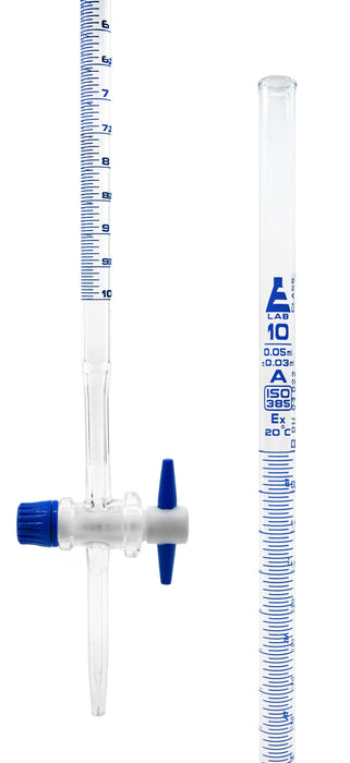 Burette with PTFE Key Stopcock, 10ml - Class A - 0.05ml Sub Div.  Blue Graduations - Â±0.03ml Tolerance - Borosilicate Glass - Eisco Labs