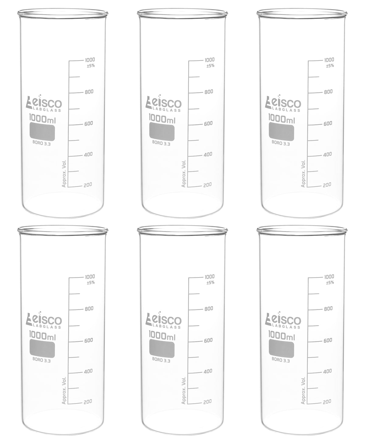 6PK Beakers, 1000mL - Berzelius Tall Form, No Spout - Graduated - Boro ...