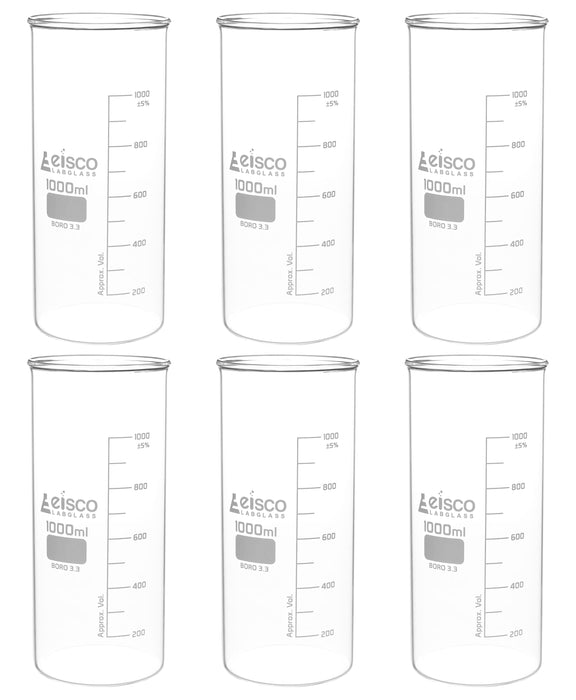 6PK Beakers, 1000mL - Berzelius Tall Form, No Spout - Graduated - Borosilicate Glass