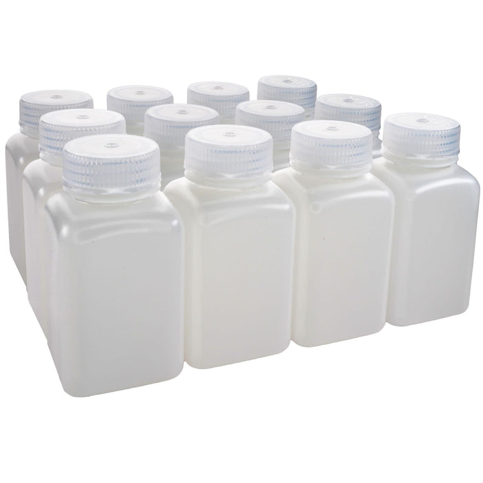 Eisco - Pack of 12, 175mL Square HDPE Reagent Bottles with Wide Mouth Polypropylene Caps, Translucent, Non-Sterile, Chemical Resistant, Leak-Proof, -100°C to 120°C, Ideal for Lab and Industrial Use