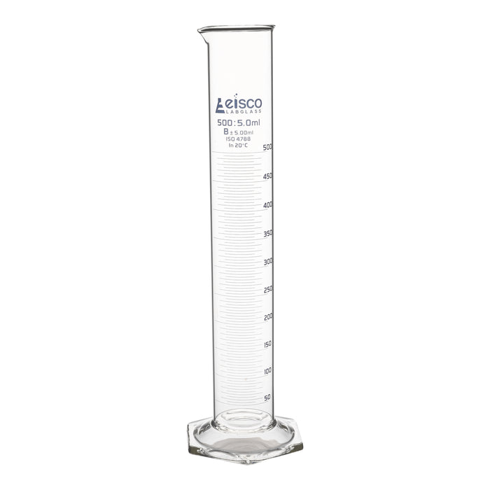 Graduated Cylinder, 500mL - Class B - Hexagonal Base - Blue Graduations - Borosilicate Glass
