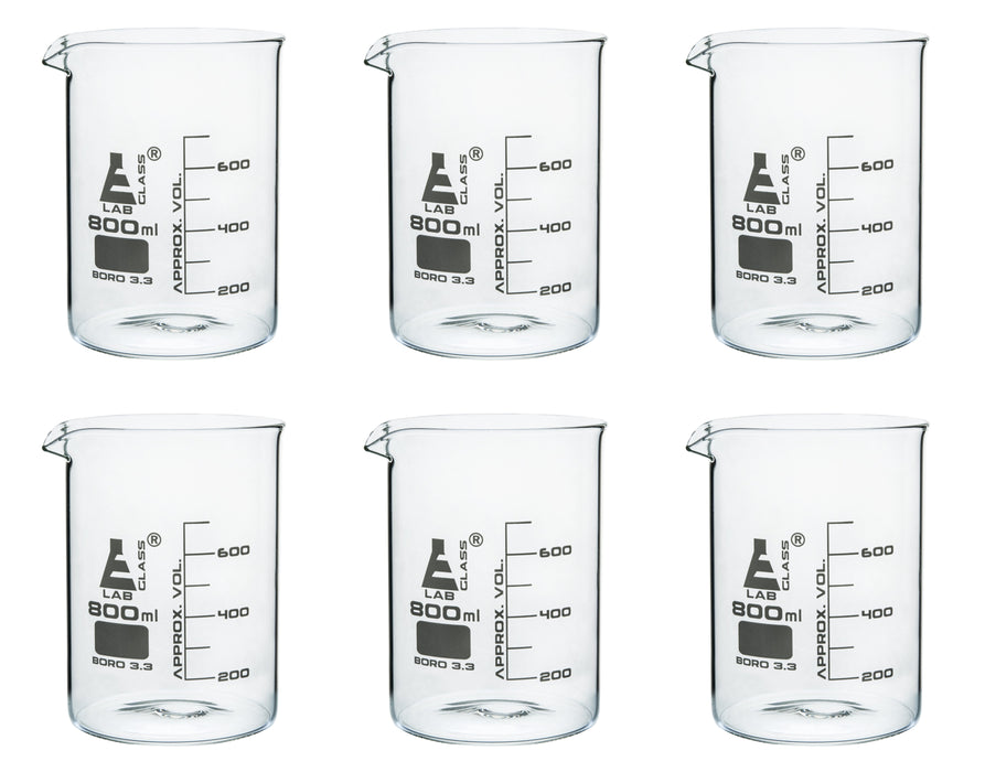 6PK Beakers, 800ml - Griffin Style, Low Form with Spout - White, 100ml Graduations - Borosilicate 3.3 Glass