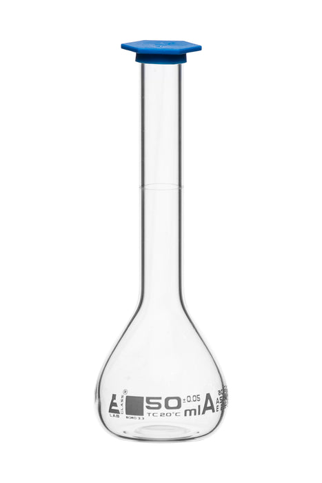 Volumetric Flask, 50ml - Class A, ASTM - Tolerance ±0.050ml - Blue Snap Cap - Single, White Graduation - Borosilicate Glass - Eisco Labs