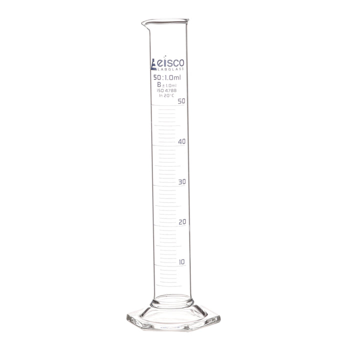 Graduated Cylinder, 50ml - Class B - Blue Graduations, Hexagonal Base