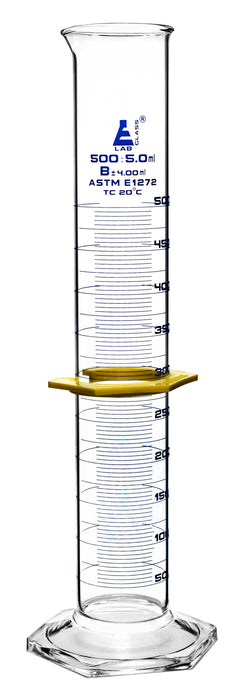 Graduated Cylinder, 500mL - ASTM Class B - Protective Collar, Hexagonal Base - Blue Graduations - Borosilicate Glass