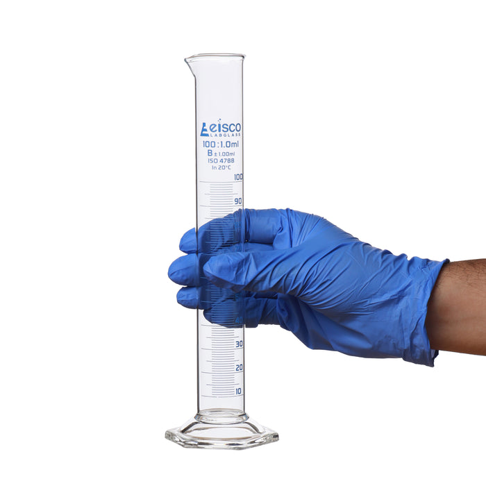 Graduated Cylinder, 100mL - Class B - Hexagonal Base - Blue Graduations - Borosilicate Glass