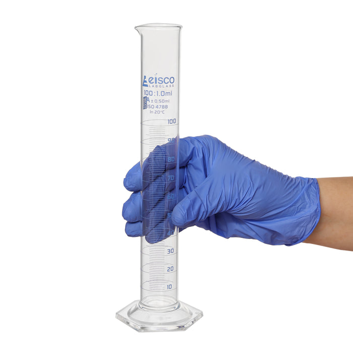Graduated Cylinder, 100ml - Class A - Blue Graduations, Hexagonal Base