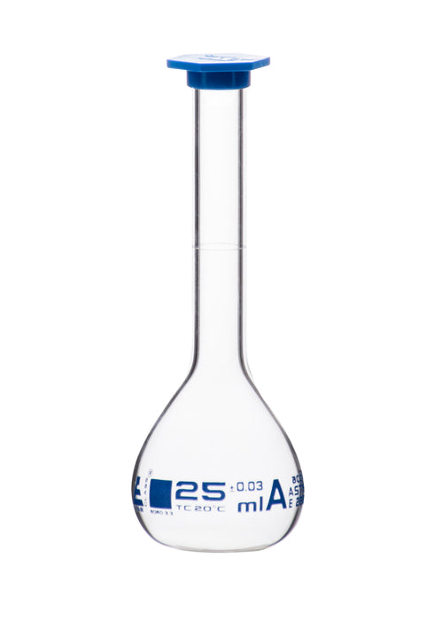 Volumetric Flask, 25ml - Class B, ASTM - Tolerance ±0.06ml - Blue Snap Cap - Single, White Graduation - Borosilicate Glass - Eisco Labs