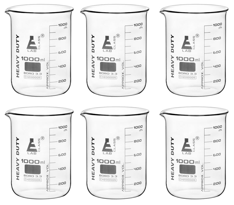 6PK Heavy Duty Beakers, 1000ml - 3.6mm Thick, Uniform Walls - Borosilicate 3.3 Glass