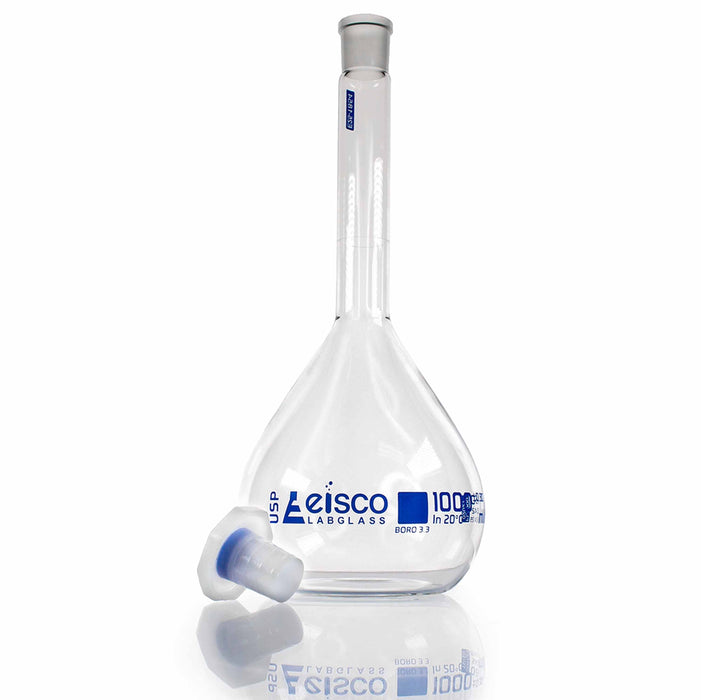 Eisco –1000mL Class A Volumetric Flask with Polypropylene Stopper, ASTM-E288 Compliant, Calibrated to Contain, Borosilicate 3.3 Glass, Single Graduation Mark