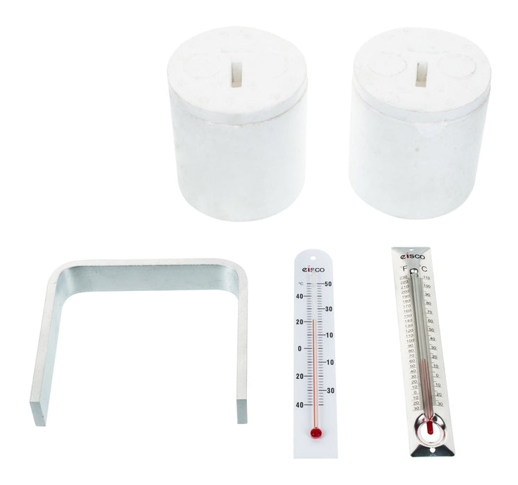 Eisco Labs Heat Transfer Kit Class Pack (15 Kits); Each Kit Contains Heat Transfer Kit with 2 Calorimeters with Lids, 1 Aluminum Heat Transfer Bar, and 1 Low Range Therm, 1 High Range Thermometer