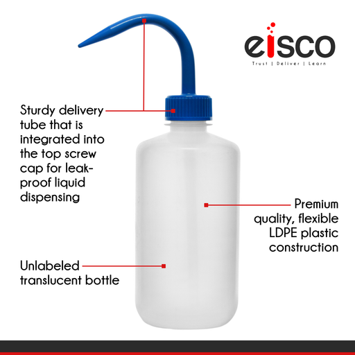 Premium Wash Bottle, 250ml - Blue Cap, Narrow Mouth- Self Venting, Low Density Polyethylene - Eisco Labs