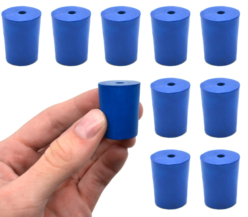 Neoprene Stoppers, 1 Hole - Blue - Size: 19mm Bottom, 22mm Top, 28mm Length - Pack of 10