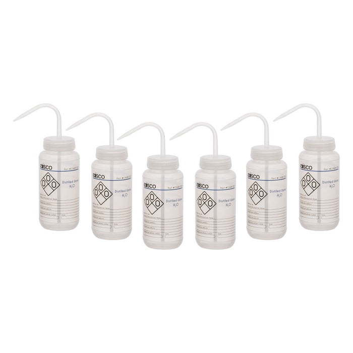 6PK Performance Plastic Wash Bottle, Distilled Water, 500 ml - Labeled (2 Color)