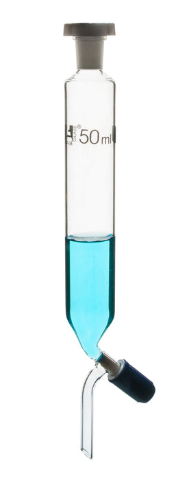 Dropping Funnel, 50ml - 19/26 Plastic Stopper - Ungraduated, Screw Type Rotaflow Stopcock - Cylindrical, Borosilicate Glass - Eisco Labs