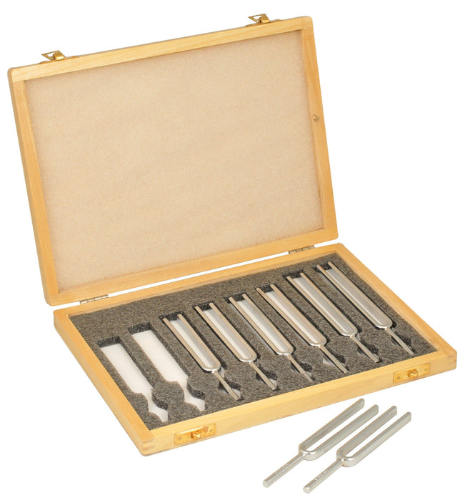 Eisco Labs Scientific Steel Tuning Forks, Set of 8 (Scientific Pitch, C4 = 256Hz) with Wooden Case - Designed for Physics Experiments