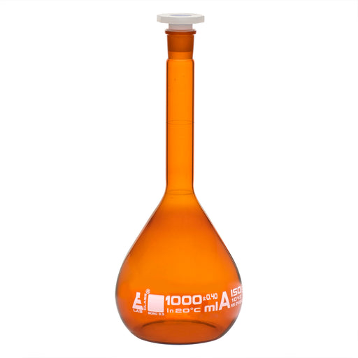 Amber Volumetric Flask, 1000mL - Class A, Tolerance ±0.400mL - 24/29 Polypropylene Stopper - Borosilicate Glass - White Specifications & Graduation Mark - Eisco Labs