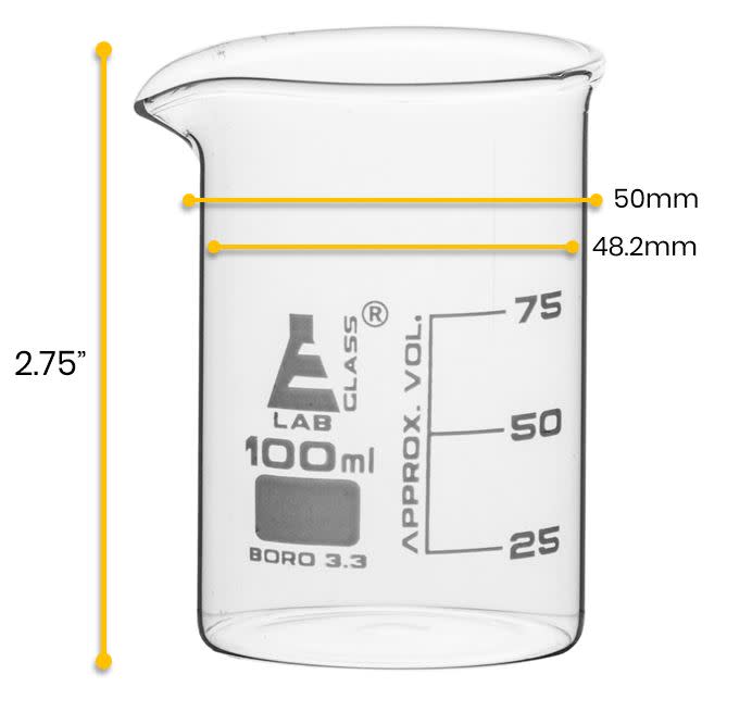 12PK Beakers, 100ml - Griffin Style, Low Form with Spout - White, 25ml Graduations - Borosilicate 3.3 Glass