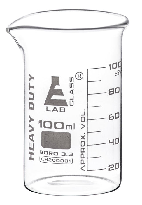Heavy Duty Beaker, 100ml - 2.5mm Thick, Uniform Walls - Superior Durability & Chemical Resistance - White Graduations - Borosilicate 3.3 Glass - Eisco Labs