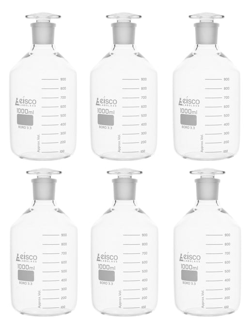 6P Reagent Bottles, 1000mL - Graduated - Narrow Mouth with Solid Glass Stopper - Borosilicate Glass