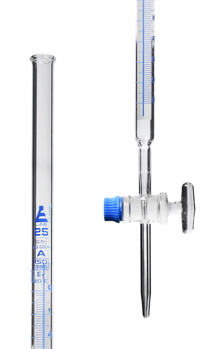 Schellbach Burette, 25mL - Class A - Glass Stopcock - Blue Graduations - Borosilicate Glass