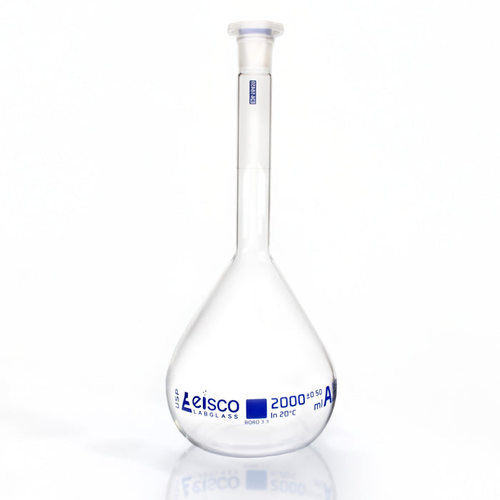 Eisco - 2000mL Volumetric Flask Class A ASTM-E288 Borosilicate Glass with 29/32 Polypropylene Stopper & Individual Work Certificate