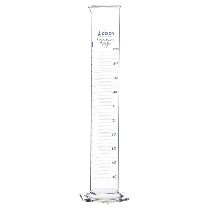 Graduated Cylinder, 2000ml - Class A - Blue Graduations, Hexagonal Base