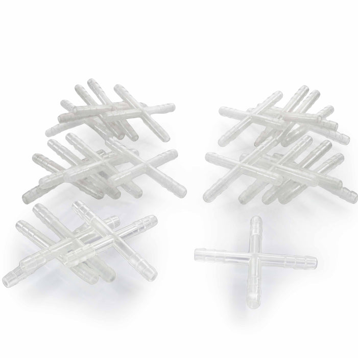 Eisco – 8mm Cross Tubing Connector, Polypropylene – 4-Way Barbed Tube Fittings for Air, Water, and Vacuum Routing – Pack of 20 for Laboratory & Technical Applications