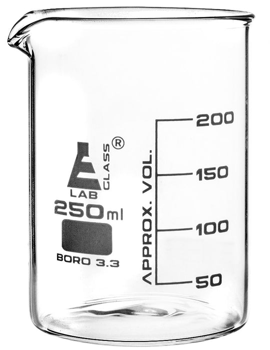 12PK Beakers, 250ml - Griffin Style, Low Form with Spout - White, 50ml Graduations - Borosilicate 3.3 Glass