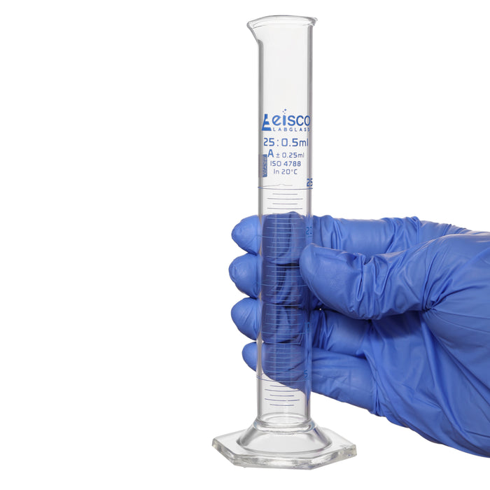Graduated Cylinder, 25ml - Class A - Blue Graduations, Hexagonal Base