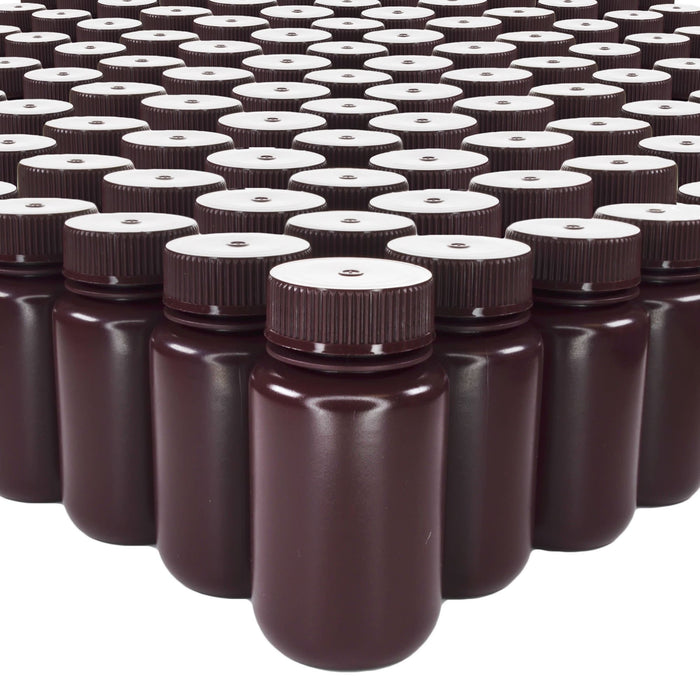Eisco - Bulk Pack of 500, 125mL Wide Mouth Amber HDPE Reagent Bottles with Polypropylene Caps, Non-Sterile, Leak-Proof, Chemical-Resistant, UV Light Shielding for Labs, -100°C to 120°C