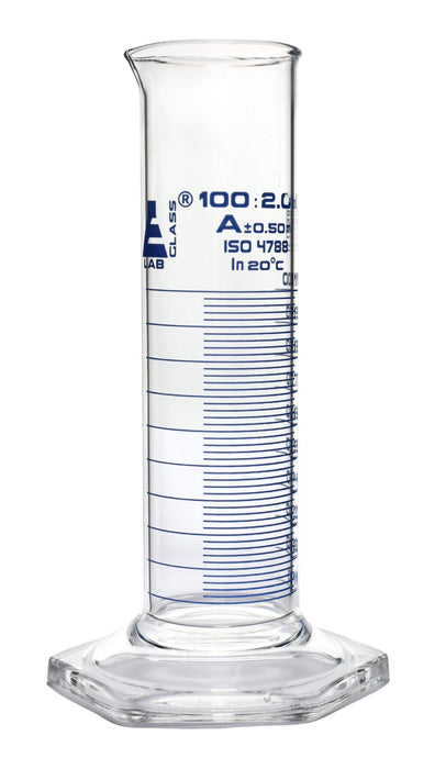 Graduated Cylinder, 100mL - Class A - Squat Form - Hexagonal Base - Blue Graduations - Borosilicate Glass