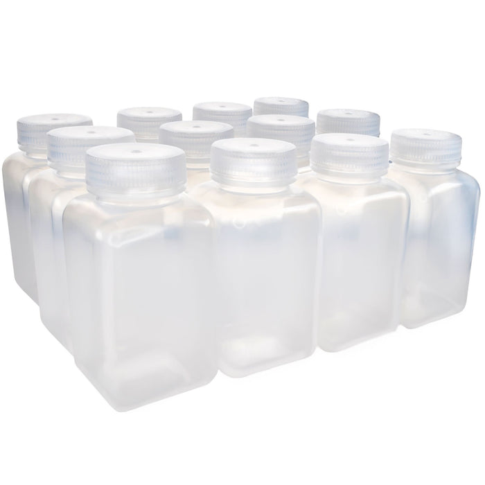 Eisco - Pack of 12, 500mL Square Polypropylene Reagent Bottles with Wide Mouth Polypropylene Caps, Translucent, Autoclavable, Leak-Proof, Chemical Resistant, 0-135°C