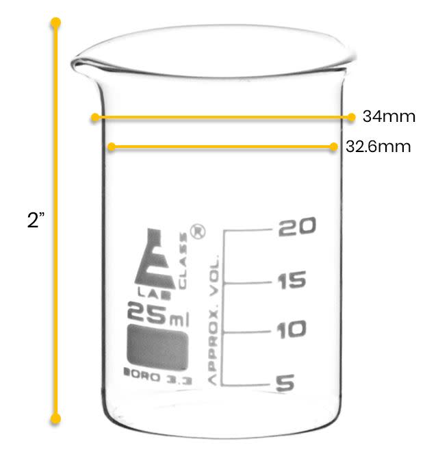 12PK Beakers, 25ml - Low Form - 5ml Graduations - Borosilicate Glass