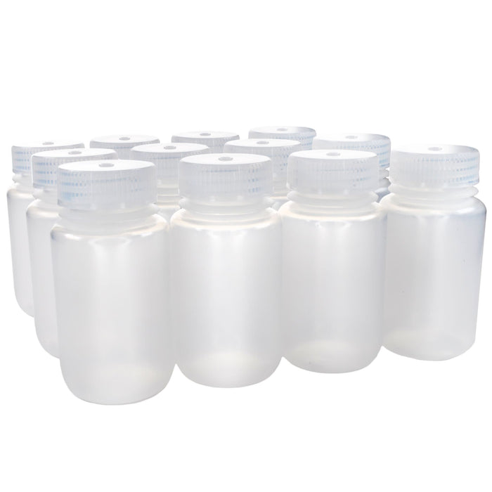 Eisco - 125mL Wide Mouth Polypropylene Translucent Reagent Bottles with Polypropylene Caps, Pack of 12, Non-Sterile, Autoclavable, Leakproof Laboratory Storage Bottles, 0-135°C Temperature Range