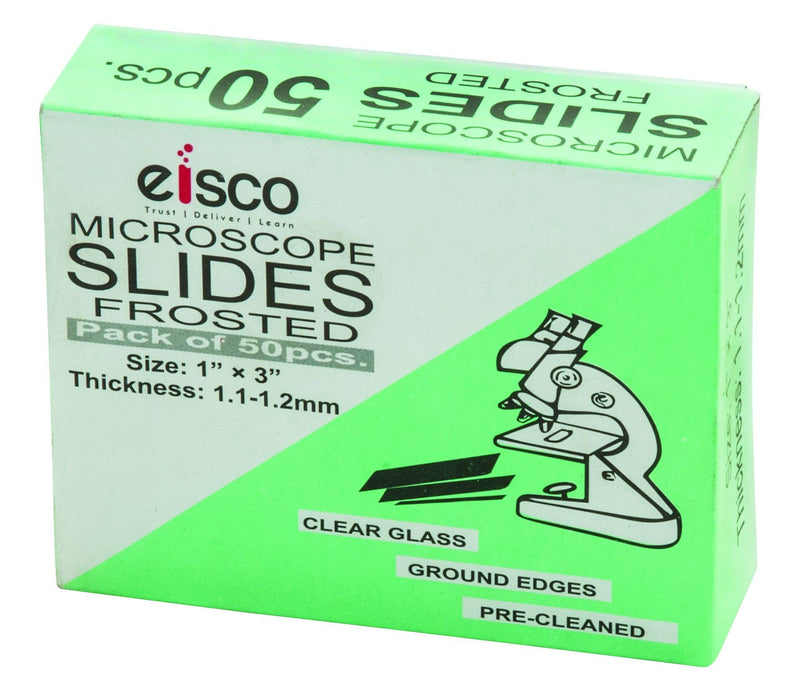 Glass Microscope Slides, 50 Pack - Precleaned - Ground & Polished Edges - Frosted End - Eisco Labs