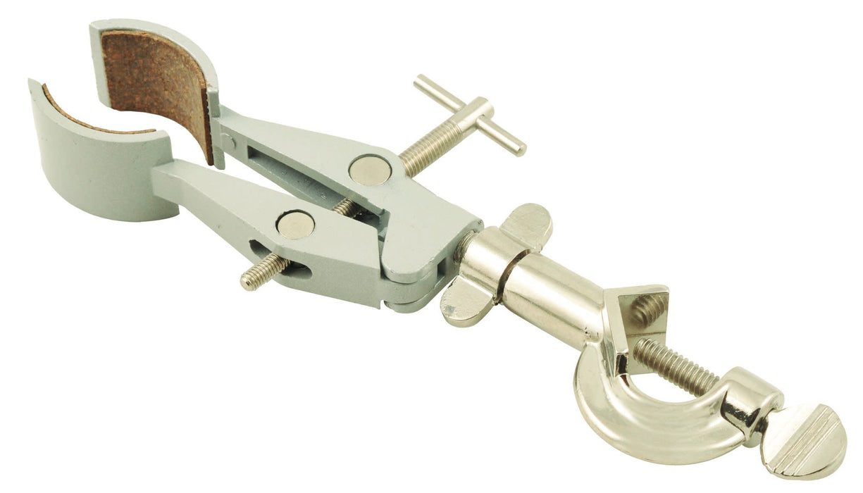 Eisco Labs Universal Clamp, Cork Lined Prongs -Holds Objects up to 2.3" [60mm] wide - with Boss Head (Rods up to .59" [15mm] Diameter)