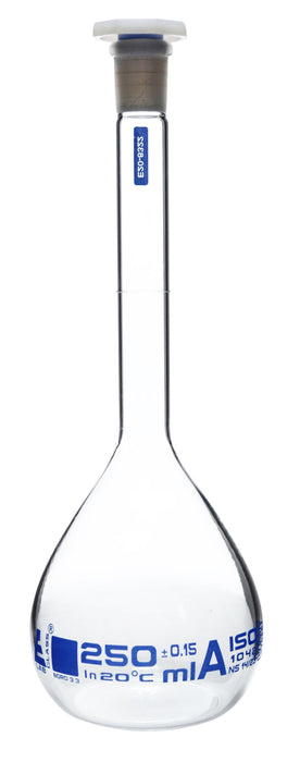 Volumetric Flask, 250mL - ASTM, Class A - Polypropylene Stopper - Blue Graduation - Borosilicate Glass
