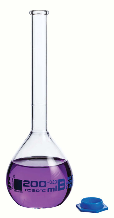 Volumetric Flask, 200ml - Class B, ASTM - Blue Snap Cap