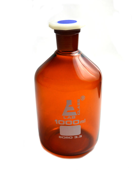Eisco Labs 1000 ml Amber Reagent Bottle , Narrow Mouth with Acid Proof Polypropylene stopper, Socket Size 29/32