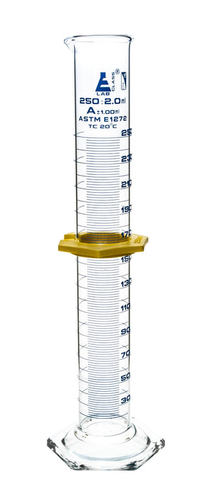 Graduated Cylinder, 250mL - ASTM Class A - Protective Collar, Hexagonal Base - Blue Graduations - Borosilicate Glass