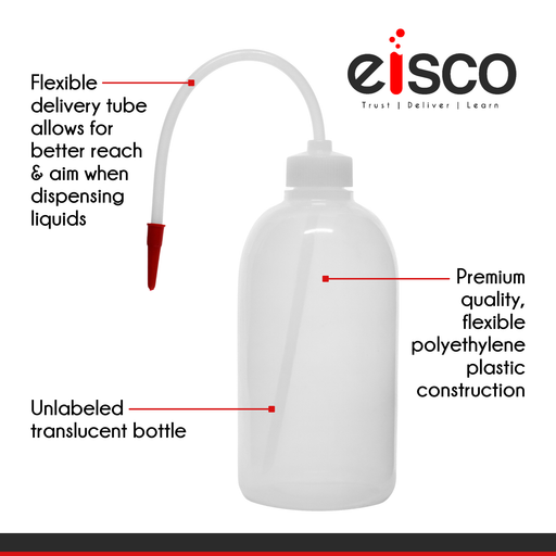 Eisco Labs 125ml, and 250ml Polyethylene Wash Bottle with Delivery Tube, Screw Cap, and Tube Cap, LDPE