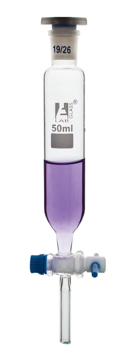 Dropping Funnel, 50ml - 19/26 Plastic Stopper - Ungraduated, PTFE Key Stopcock - Cylindrical - Borosilicate Glass - Eisco Labs