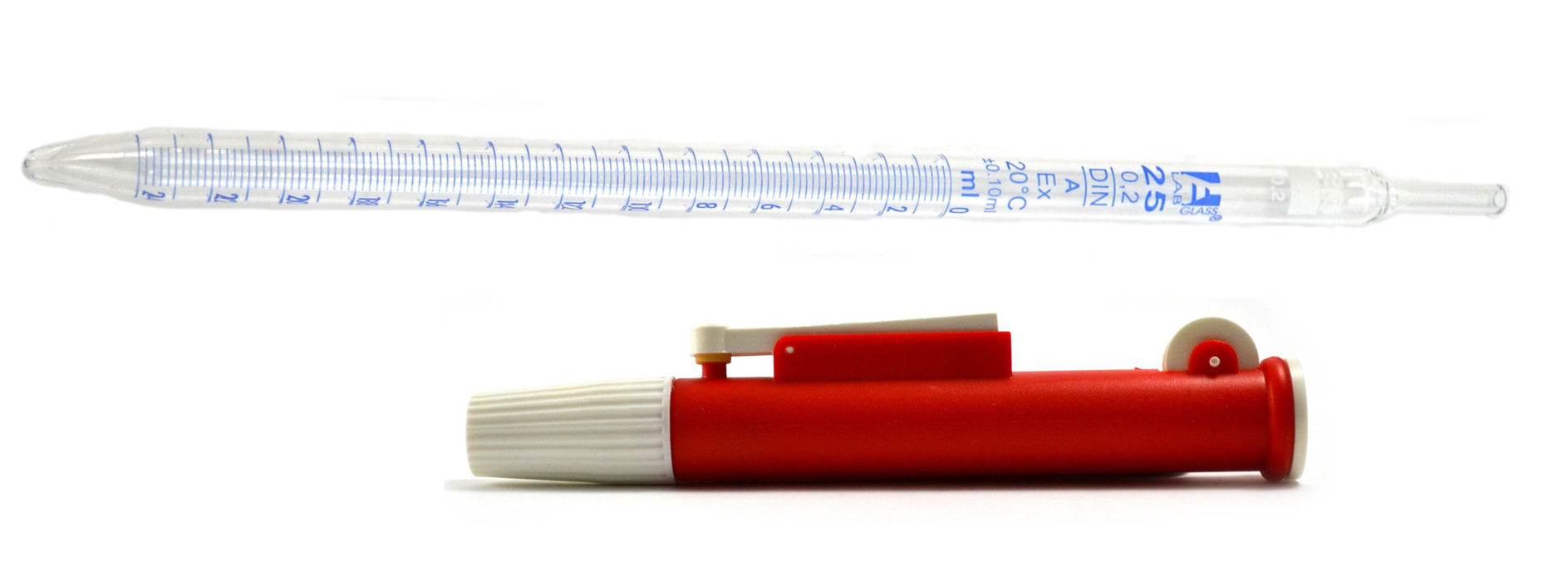 Seological Pipette & Pump, 25ml - Class A, Tolerance ±0.100 - White Graduation - Includes One-Hand Pump for Easy Pipette Flushing - Borosilicate Glass - Eisco Labs