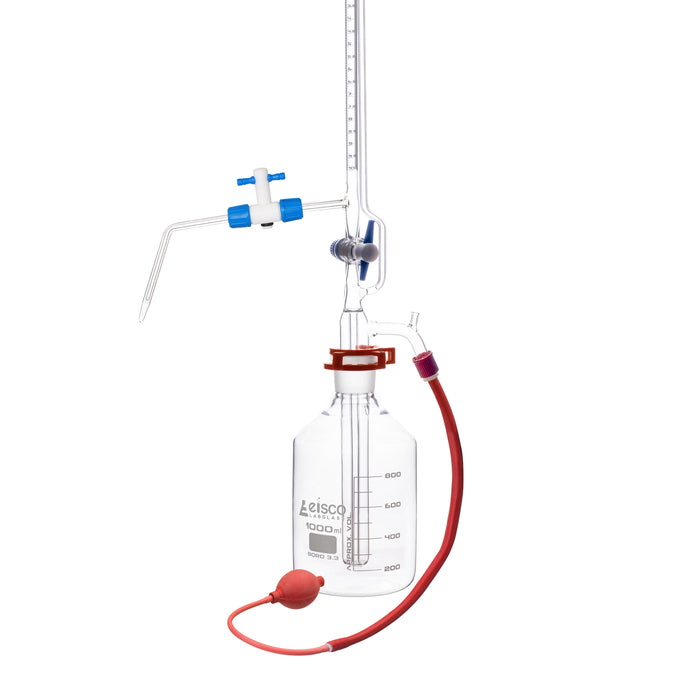 Automatic Zero Burette, 10ml - Class A - 29/32 Joint Size - 0.03±ml Tolerance, 0.05ml Sub. Divisions - 1000ml Reservoir Capacity - With Intermediate Stopcock & Schellbach Stripe - Eisco Labs