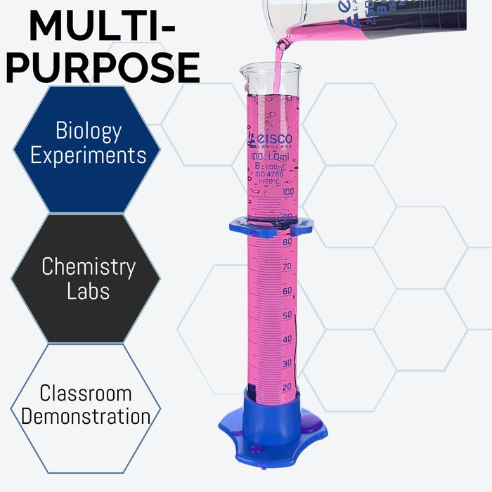 Graduated Cylinder, 100mL - Class B - Detachable, Plastic Hexagonal Base & Protective Collar - Blue Graduations - Borosilicate Glass